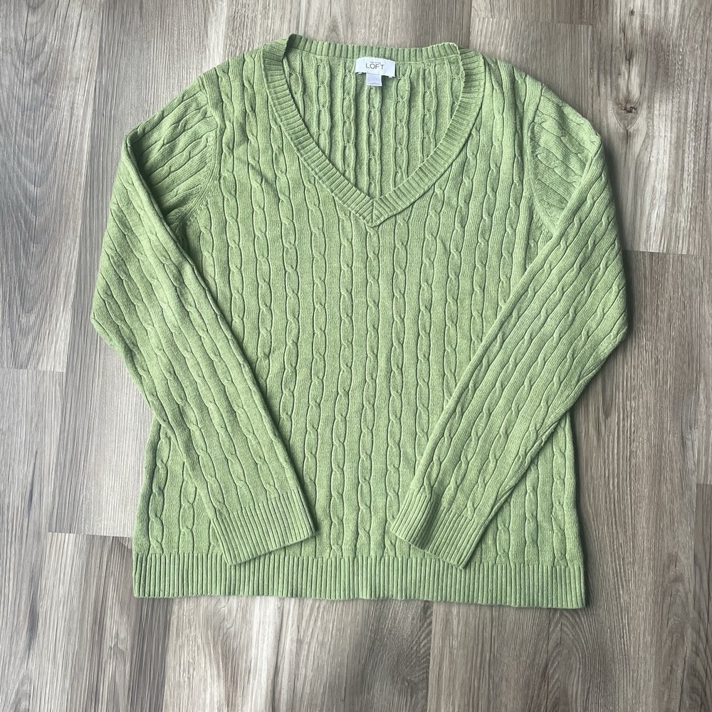 Ann Taylor LOFT Women's XL‎ Cable Knit Sweater Green Pullover Rabbit Hair